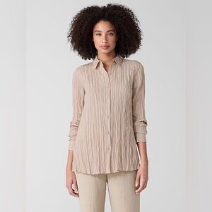 Eileen Fisher Crinkle Silk Habutai Classic Collar Button Up Shirt in Wheat